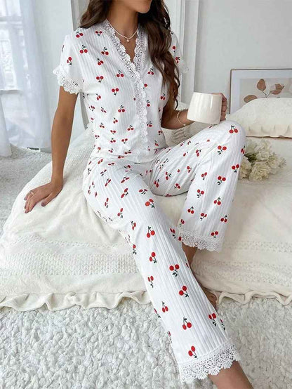 Lace Trim Women’s Pajama Set – Cherry Print, 2-Piece Sleepwear