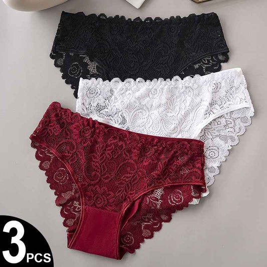3PCS Lace Floral Embroidery Panties