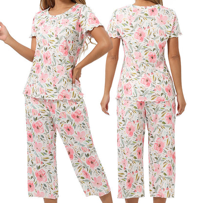 Printed Pajama Set Short Sleeve Cropped Pants
