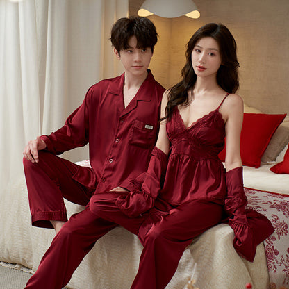 Couple's Ice Silk Pajama Set Long Sleeve Sleepwear