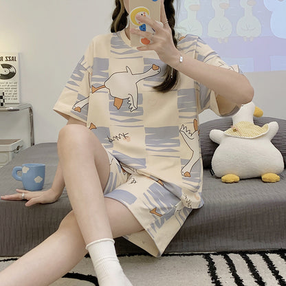 New Pajamas Women's Summer Short-sleeved Pullover Thin Cartoon Girl's Chest Pad Home Clothes Suit Women's Outwear