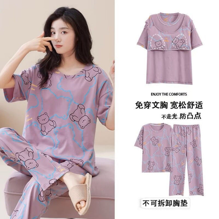 Pajamas Women's Summer Short-sleeved Trousers Sweet With Chest Pad Korean Style Cartoon Student Casual Loose Plus Size Suit