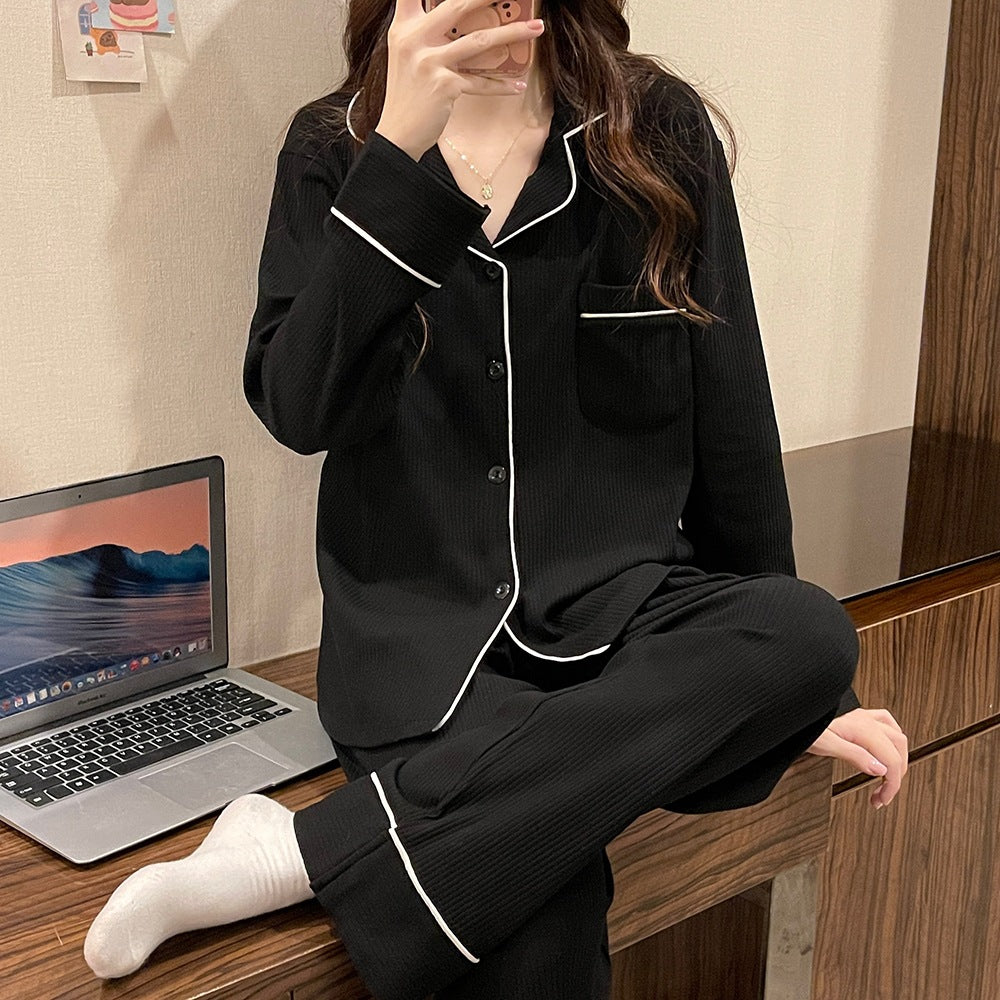 Imitation Cotton Solid Color Dye Spring And Autumn New Pajamas Women's Long Sleeve Black Cardigan Home Clothes Live Cross-border Foreign Trade