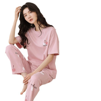 Pajamas Women's Summer Short-sleeved Trousers Sweet With Chest Pad Korean Style Cartoon Student Casual Loose Plus Size Suit