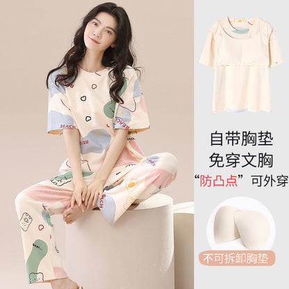 Pajamas Women's Summer Short-sleeved Trousers Sweet With Chest Pad Korean Style Cartoon Student Casual Loose Plus Size Suit