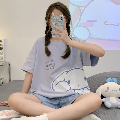 New Pajamas Women's Summer Short-sleeved Pullover Thin Cartoon Girl's Chest Pad Home Clothes Suit Women's Outwear