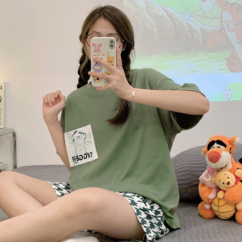 New Pajamas Women's Summer Short-sleeved Pullover Thin Cartoon Girl's Chest Pad Home Clothes Suit Women's Outwear