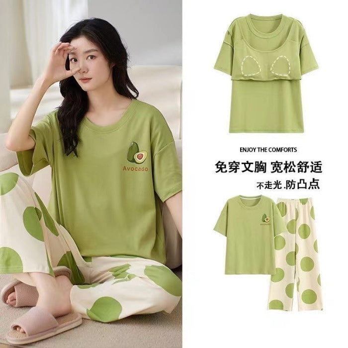 Pajamas Women's Summer Short-sleeved Trousers Sweet With Chest Pad Korean Style Cartoon Student Casual Loose Plus Size Suit