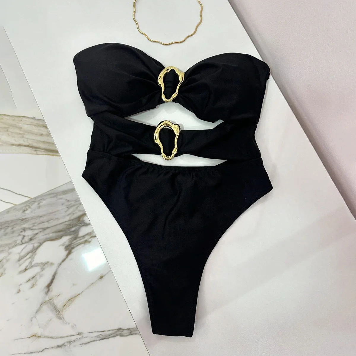 Women's Sexy One-Piece Swimsuit  Cut Out Bandeau with Metal Rings