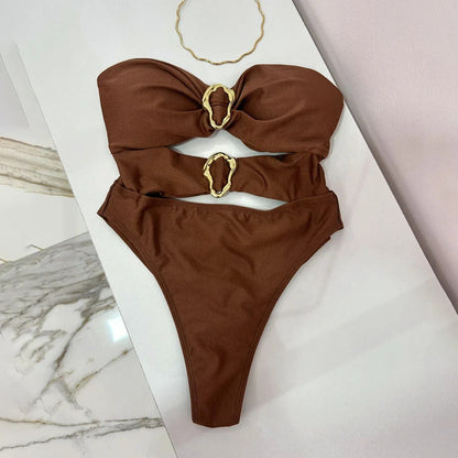 Women's Sexy One-Piece Swimsuit  Cut Out Bandeau with Metal Rings