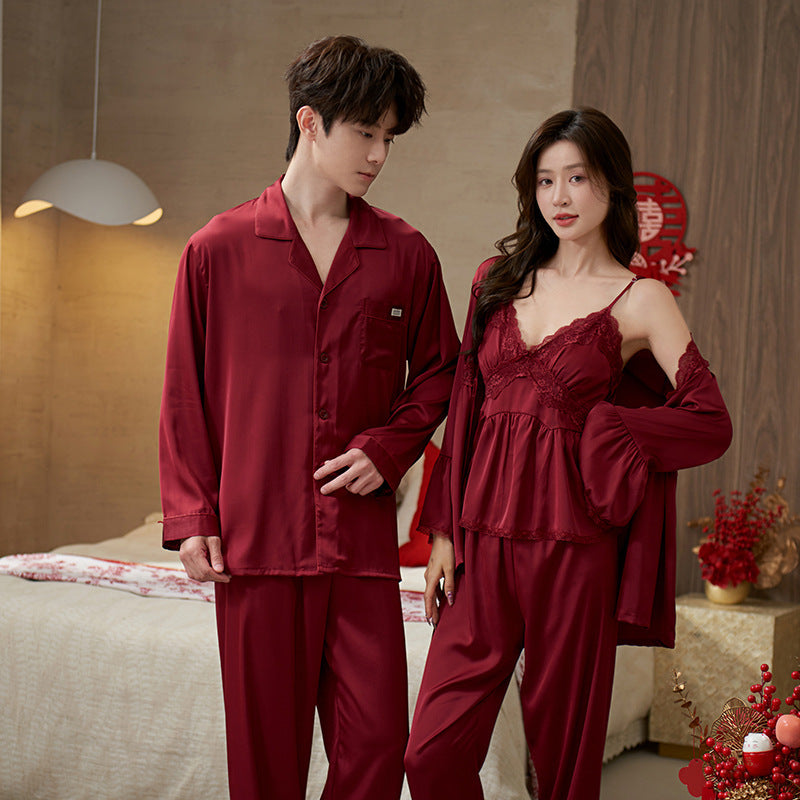 Couple's Ice Silk Pajama Set Long Sleeve Sleepwear