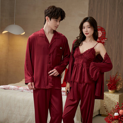 Couple's Ice Silk Pajama Set Long Sleeve Sleepwear