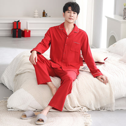 Cotton Couple Pajama Set with Lapel Collar