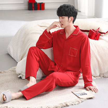 Cotton Couple Pajama Set with Lapel Collar
