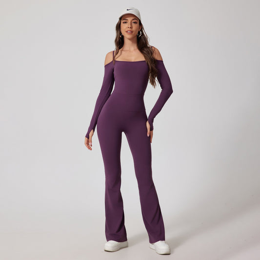 Off-Shoulder Long Sleeve Jumpsuit with Flared Pants