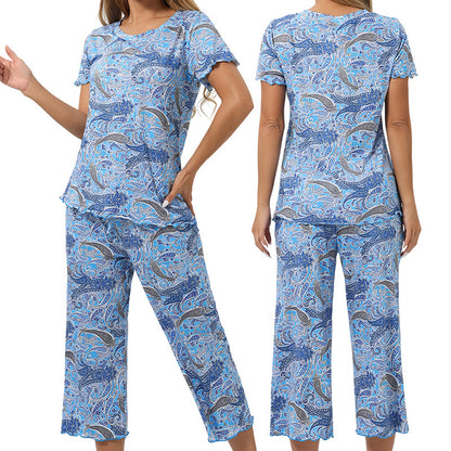 Printed Pajama Set Short Sleeve Cropped Pants