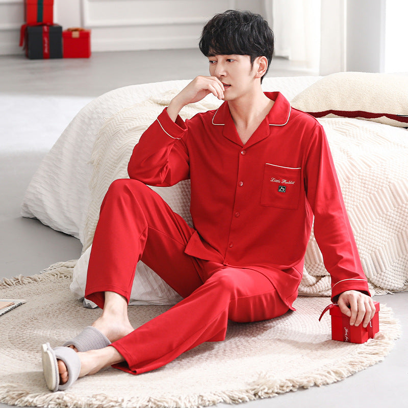 Cotton Couple Pajama Set with Lapel Collar