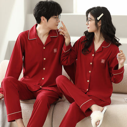 Cotton Couple Pajama Set with Lapel Collar