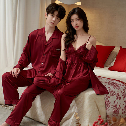 Couple's Ice Silk Pajama Set Long Sleeve Sleepwear